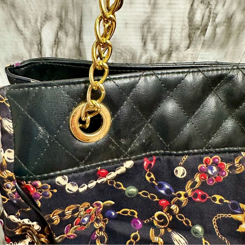 Monet Black Gold Chain Pattern Tote Bag Vintage 80s Jewelry Print Large Cloth
